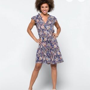 Velvet Blue Floral V-Neck Mini Dress